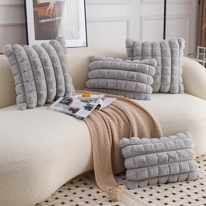 Neelvin Grey Faux Fur Cozy Soft Plaid Decorative Throw Pillow Covers 12x20 inch Set of 2,Velvet Pillowcase Cushion Case for Sofa Couch