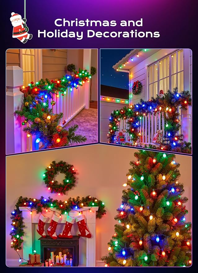 Brightown C9 LED Christmas Lights Outdoor, 150 FT 150 Multi-Colored Connectable C9 String Lights for Christmas Tree Patio Roofline Garden Backyard Holiday Party Indoor Outdoor Decoration, Green Wire