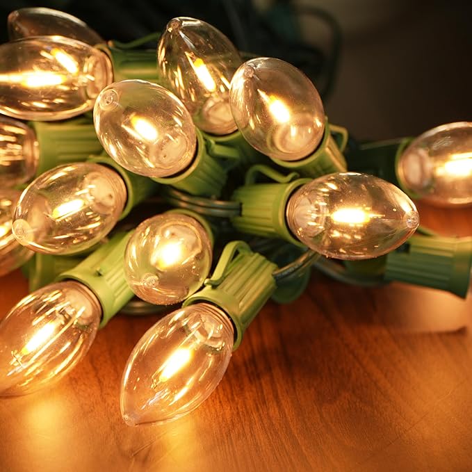LUCKY TL 100 FT C9/E17 Christmas Light Sockets Set Spool, with 100 C9 Bulbs，Green SPT-1 Wire, 12 Inch Spacing, UL Listed
