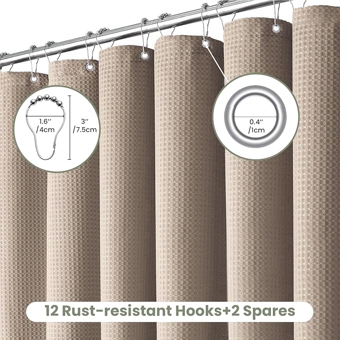 Inhousolu Fabric Shower Curtain Waffle Weave, 230 GSM Heavy Duty, Weighted Hem, 14 Metal Hooks, Water Repellent, Machine Washable, Hotel Spa Luxury Bath Curtain Set, 72 x 96 Inch, Beige