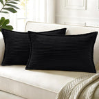 decorUhome Corduroy Black Throw Pillow Covers 12x20 Set of 2 Decorative Soft Boho Farmhouse Lumbar Euro Couch Pillow Covers for Living Room Bed Sofa Broadside Striped Pillow Cases