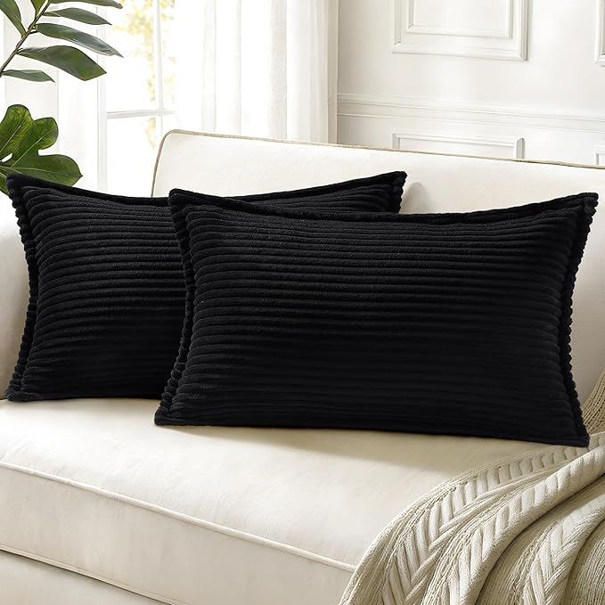 decorUhome Corduroy Black Throw Pillow Covers 12x20 Set of 2 Decorative Soft Boho Farmhouse Lumbar Euro Couch Pillow Covers for Living Room Bed Sofa Broadside Striped Pillow Cases