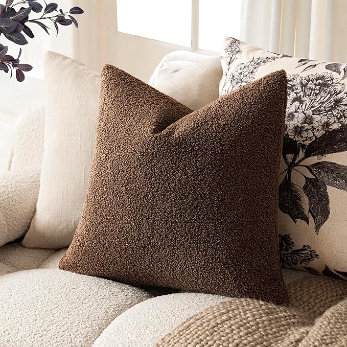 Foindtower Pack of 2, Curly Faux Fur Decorative Throw Pillow Covers Soft Fuzzy Plush Cushion Case with Zipper Cozy Pillowcase for Home Living Room Couch Bed Sofa 20 x 20 Inch,Dark Brown