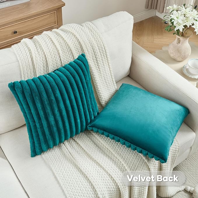FUTEI Teal Green Striped Decorative Throw Pillow Covers 26x26 Inch Set of 2,Square Winter Decorations Couch Euro Pillow Shams,Soft Cozy Faux Rabbit Fur & Velvet Back,Modern Home Decor for Bed