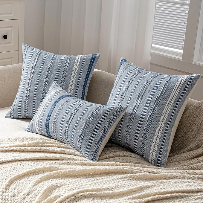 ANRODUO Pack of 2 Boho Throw Pillow Covers 22x22 Inch Farmhouse Decorative Couch Pillow Cases Jacquard Cushion Cover Neutral Accent Pillows of Bed Sofa Bedroom Living Room Home Decor, Navy Blue