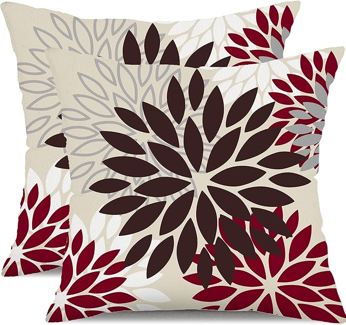 DFXSZ Red Brown Flower Pillow Covers 16x16 Inch Set of 2 White Gray Colored Throw Pillows Outdoor Waterproof Decor for Living Room Sofa Patio Funiture Garden Floral Polyester Pillow Covers 002L16