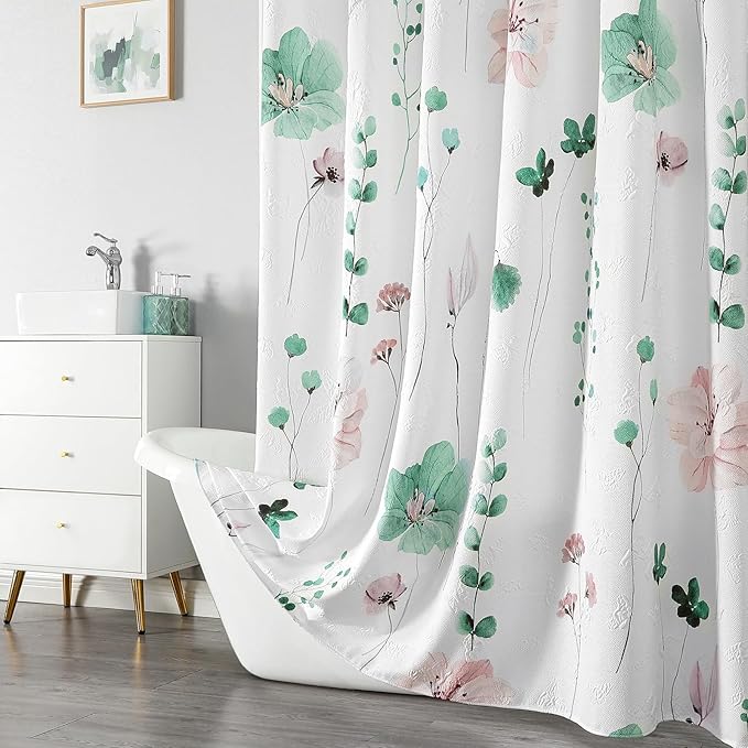 QiyI Extra Long Shower Curtain 72 x 84, Modern Watercolor Floral Bath Curtain, 3D Embossed Texture Sage Green Flower Cloth Bathroom Curtain, Waterproof Fabric Farmhouse Shower Curtain Set with Hooks