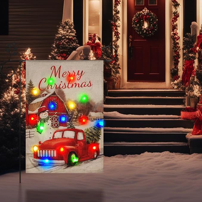Lights Garden Flag,Double Sided Christmas LED Outdoor Christmas Yard Flag for Winter Outdoor Decoration (Multi_car, 28 * 40)