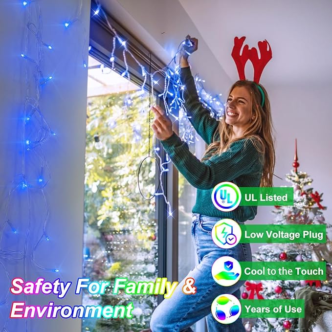 82ft 792 LED 176 Drops Christmas Lights, Outdoor Hanging lights with 8 Modes and Timer Memory, Plug In Outside Waterproof Curtain String Lights for House Fence Tree Holiday Party Decorations (Blue)