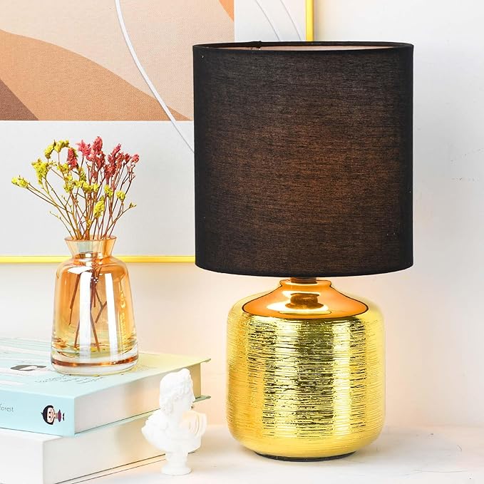 Lampwell Beno Small Table Lamp for Living Room as Bedside Table Lamp for Bedroom,Modern Ceramic Table Lamp,Kids Table Lamp,Night Table Lamp,Φ6.3×H11.81IN,Bulb Excluded,Black Gold Table Lamp