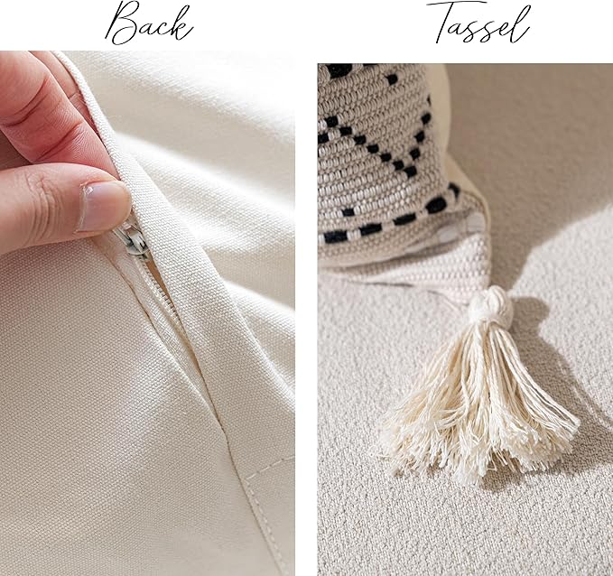 BlissBlush Decorative Throw Pillow Cover 18X18 Square Boho Black Neutral White Accent Pillowcase Tassels Farmhouse Cushion for Couch Sofa Bedroom Living Room Home Décor (Cover ONLY, Pack of 1)