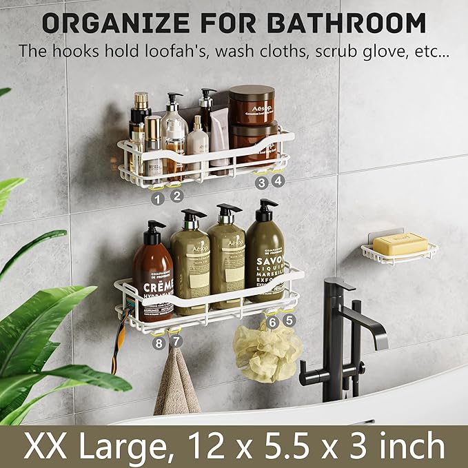 OMAIRA 3-Pack Shower Caddy with Soap Holder, Adhesive Rustproof No-drill Strudy Loading Inside Shower Organizer Shelves Rack Storage Bathroom Organization for Smooth Wall Glass Tile, White (X-Large)