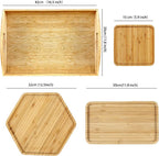 Bamboo Serving Trays 16.5"x11.8"（42x30cm with Handle, Set Includes 0.63"(1.6cm) Thick Dinner Plates Hexagon 12.5"(32cm)+Rectangle 9.8"(25cm)*5.9"(15cm)+Square 5.9"(15cm)