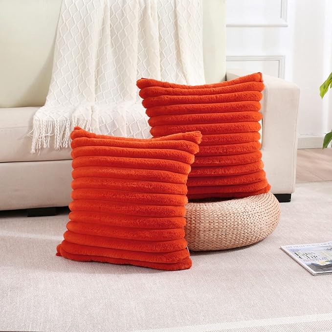FUTEI Burnt Orange Striped Decorative Throw Pillow Covers 24x24 Inch Set of 2,Square Winter Decorations Couch Euro Pillow Case,Soft Cozy Faux Rabbit Fur & Velvet Back,Modern Home Decor for Bed