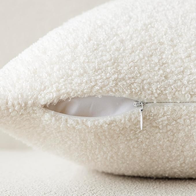 Foindtower Pack of 2, Curly Faux Fur Decorative Throw Pillow Covers Soft Neutral Plush Cushion Case with Zipper Cozy Pillowcase for Home Living Room Couch Bed Sofa 16 x 16 Inch, Cream White