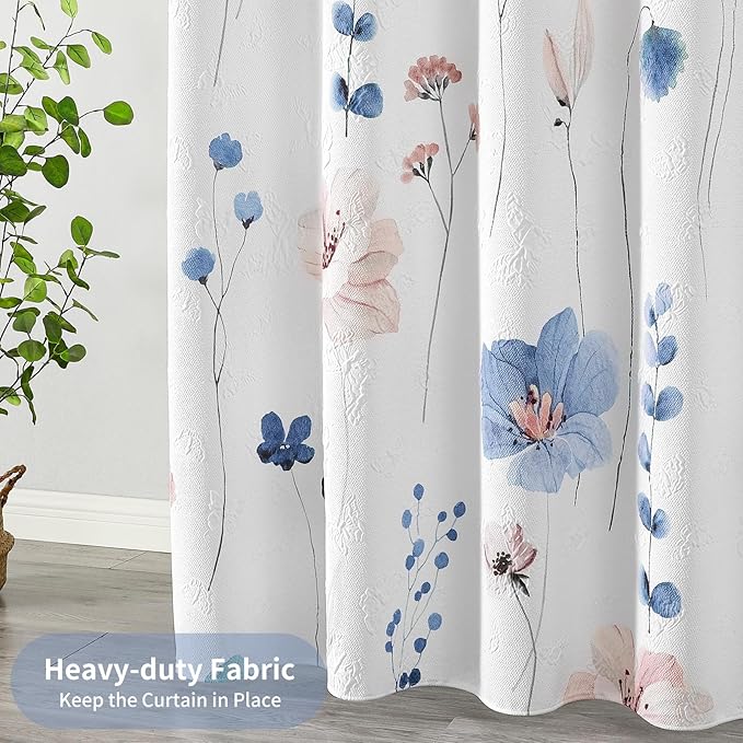 QIYI Small Stall Half Watercolor Floral Shower Curtain, 3D Embossed Butterflies Blue Flower Cloth Bathroom Curtain, Waterproof Fabric White Shower Curtain Set with Hooks