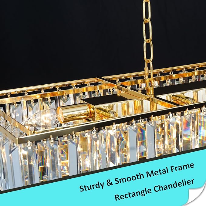 Rectangular Dining Room Chandelier, 40" Gold Modern Rectangle Luxury Crystal Chandelier 12 Lights Top K9 Linear Ceiling Pendant Light Fixture for Dining Room Kitchen Table Living Room