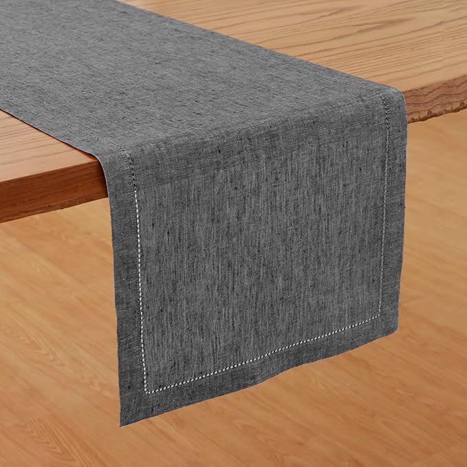 Solino Home Linen Table Runner 60 Inches - 100% Pure Linen Charcoal Grey Hemstitch Table Runner 14 x 60 Inch Ideal for Dresser and Coffee Tables - Milan - Thanksgiving, Christmas