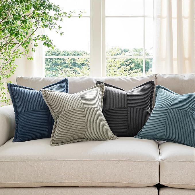 MIULEE Decorative Euro Sham Throw Pillow Covers for Couch Bed Livingroom 22x22 Inch Set of 2 Blue Boho Accent Throw Pllows Broadside Striped Patchwork Soft Corduroy Summer Coastal Pillowcases