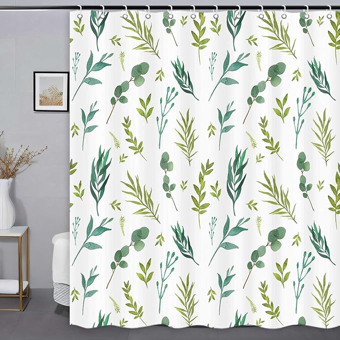 Green Leaves Shower Curtain, Watercolor Plant Floral Eucalyptus Leaf Bathroom Shower Curtain Sets, Botanical Decor Rustic Nature Art Boho Fabric Bath Curtain with Hooks 72x72 Inch