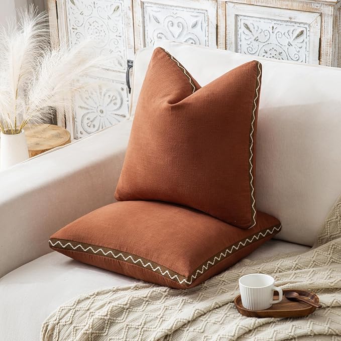 Decorative Neutral Linen Throw Pillow Covers 20x20 Inch Set of 2, Burnt Orange Boho Farmhouse Pillow Covers with Braid Fringe for Sofa Bed Modern Couch Pillow Cases for Organic Home Decor
