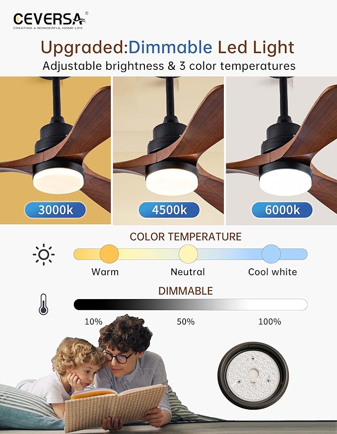 52 Inch Ceiling fans with Lights and Remote,Wood Outdoor Ceiling Fan for Patios with Dimmable LED Light,3 Blades Walnut,Noiseless Reversible DC Motor,Modern Fan for Indoor,Farmhouse