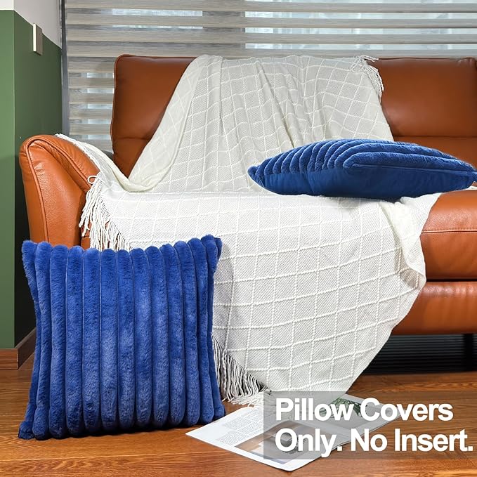 18x18 Throw Pillow Covers Set of 2, Decorative Faux Fur Covers for Bed, Couch Soft Fluffy Pillow Cover with Velvet Back for Living Room, Neutral Home Décor Accent for Sofa - Blue