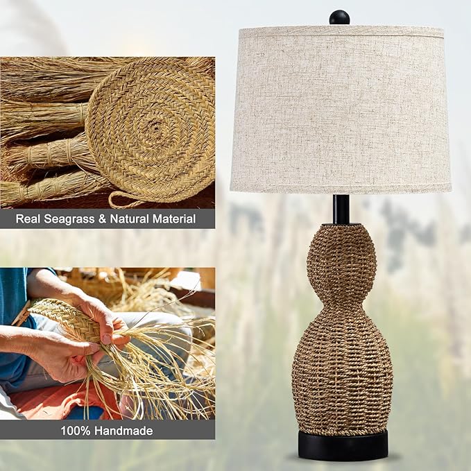 26.5" Rattan Table Lamp Boho Table Lamps Set of 2 for Living Room, Bedside Lamps for Nightstand, Rattan Lamp for Bedroom, Farmhouse Table Lamps for Boho Decor, End Table