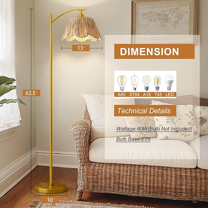 Oneach Gold Floor Lamps for Living Room, Arc Floor Lamp with Hand-Woven Wicker Shade, Foot Switch,Metal Base & Pole,Boho Rattan Standing Lamp for Bedroom Living Room,Office,Reading