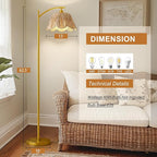 Oneach Gold Floor Lamps for Living Room, Arc Floor Lamp with Hand-Woven Wicker Shade, Foot Switch,Metal Base & Pole,Boho Rattan Standing Lamp for Bedroom Living Room,Office,Reading