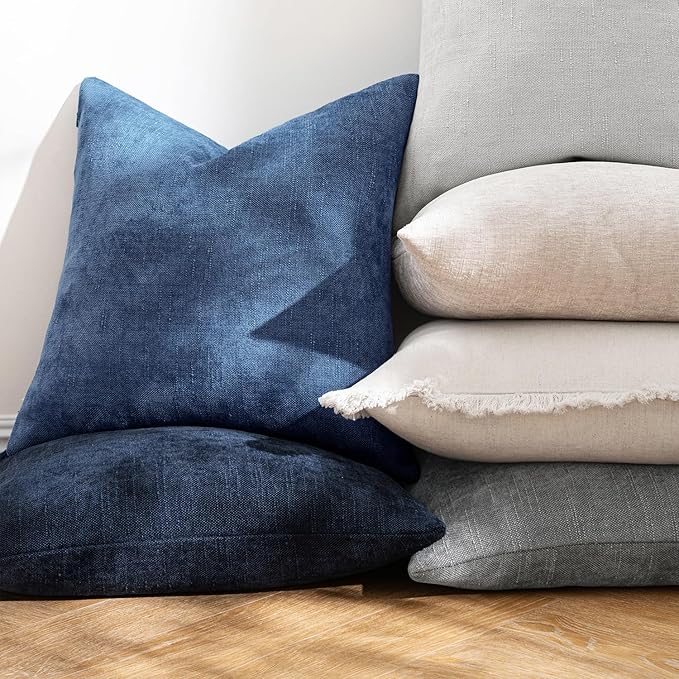 MIULEE Pack of 2 Decorative Throw Pillow Covers Soft Chenille Throw Pillows Solid Textured Cushion Covers for Couch Sofa Bedroom Living Room 20x20 Inch, Navy Blue