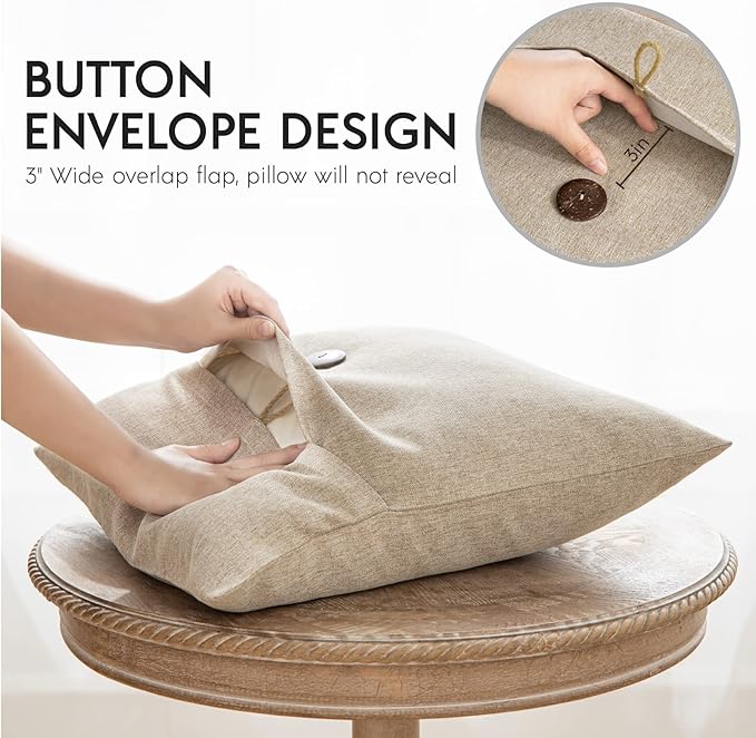 Phantoscope Pack of 2 Farmhouse Throw Pillow Covers Premium Coconut Button Vintage Linen Solid Decorative Pillow Cover for Couch Bed and Chair, Oat Beige 18 x 18 inches 45 x 45 cm
