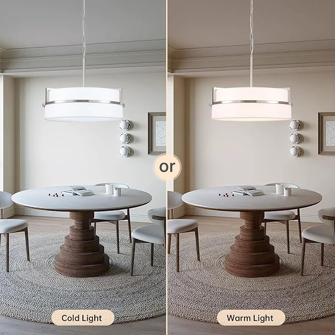 19.7" Modern Drum Chandeliers for Dining Room, 5-Light Brushed Nickel Chandelier with Round Linen Shades Hanging Large Drum Pendant Light Fixtures for Bedroom Living Room Entryway Foyer Kitchen