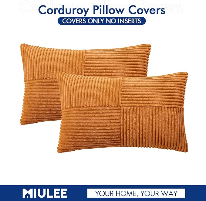 MIULEE Fall Burnt Orange Corduroy Pillow Covers Pack of 2 Boho Decorative Spliced Throw Pillows Soft Pillowcases Cross Patchwork Textured Covers Home Decor for Couch Living Room Bed Sofa 12x20 inch