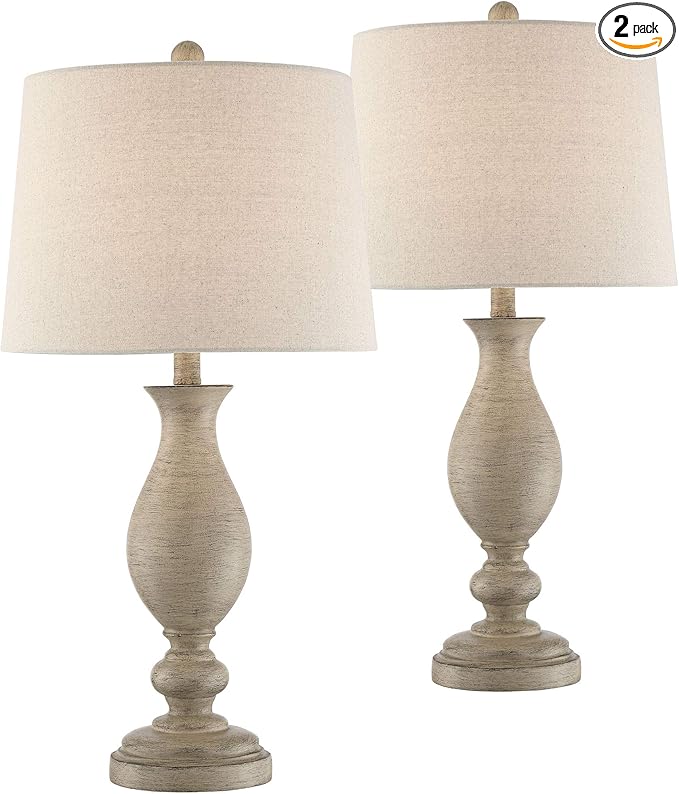Regency Hill Serena Country Cottage Natural Traditional Table Lamps 27.5" Tall Set of 2 Cream Beige Gray Faux Wood Oatmeal Drum Shade for Living Room Bedroom House Bedside Nightstand Home