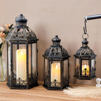 TRIROCKS Large Set of 3 Decorative Lanterns 19''&13.5''&9.5" H Vintage Hanging Lantern Metal Candleholder with Tempered Glass for Indoor Outdoor Home Decor Parties Garden(Black with Gold Brush)
