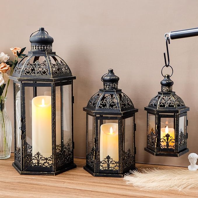TRIROCKS Large Set of 3 Decorative Lanterns 19''&13.5''&9.5" H Vintage Hanging Lantern Metal Candleholder with Tempered Glass for Indoor Outdoor Home Decor Parties Garden(Black with Gold Brush)