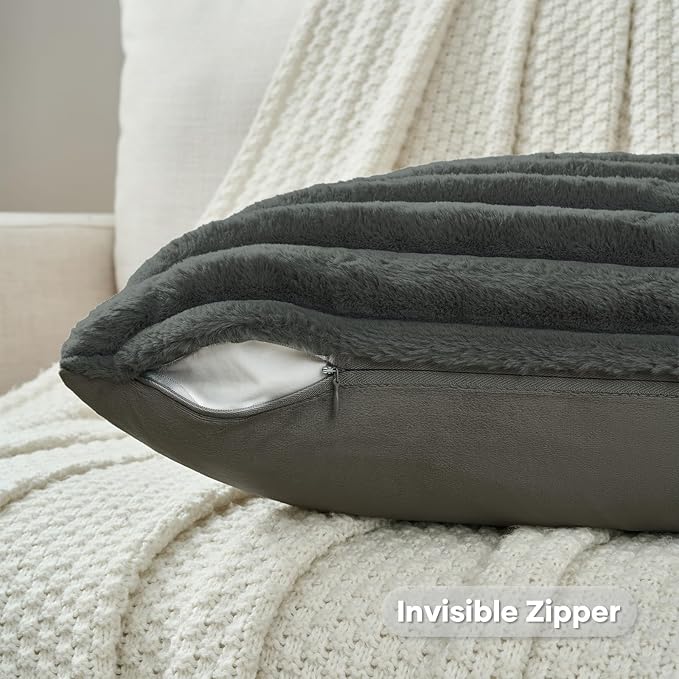 FUTEI Dark Grey Striped Decorative Throw Pillow Covers 12x20 Inch Set of 2,Rectangle Winter Decorations Couch Lumbar Pillowcase,Soft Cozy Faux Rabbit Fur & Velvet Back,Modern Home Decor for Bed
