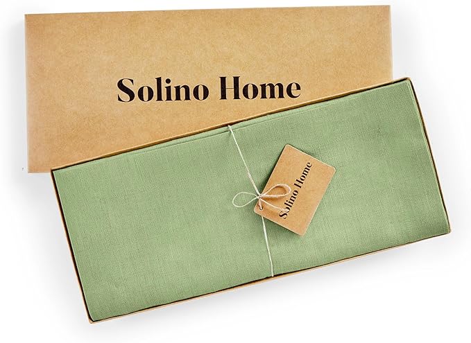 Solino Home Linen Table Runner 72 Inches Long - 100% Pure Linen Laurel Green Dining Table Runner 14 x 72 Inch for Fall, Autumn, Thanksgiving - Fete