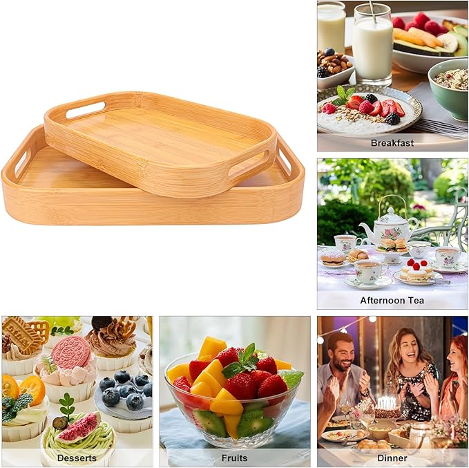 2 Pack Bamboo Serving Trays with Handles, Rectangular Bamboo Trays for Serving Food, Tea, or Dining in Bed