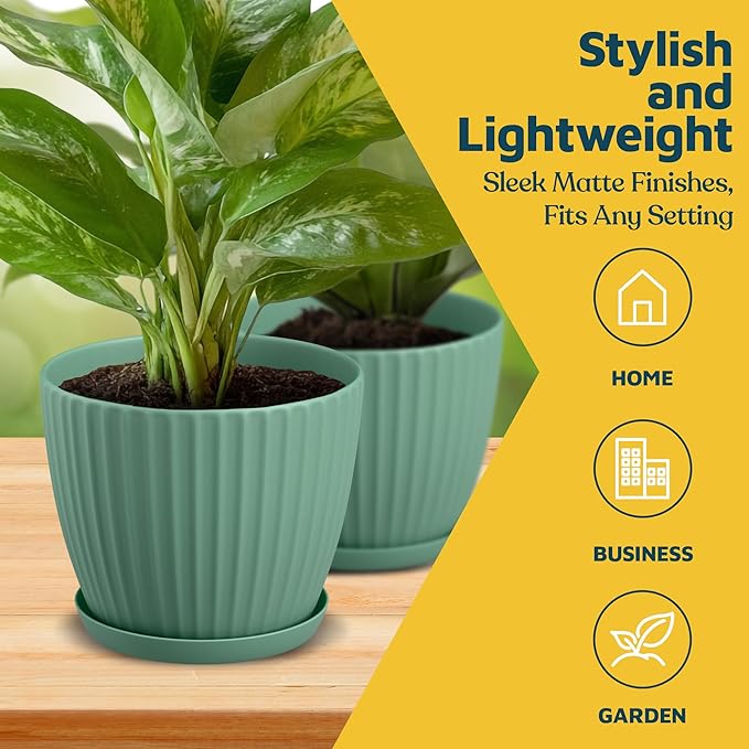 Mint 6-Inch Plant Pots with Drainage & Saucers 6 Pack, Indoor & Outdoor Planters for Houseplants, Herbs, and Flowers, Durable & Weatherproof Material, Stackable, Lightweight, Minimalist Design
