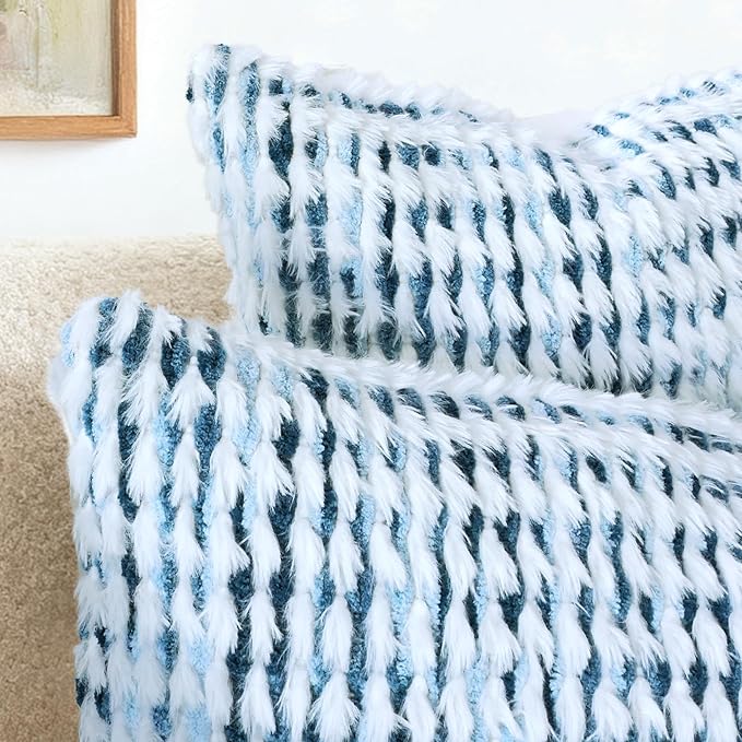 Boho Chenille Tufted Pillow Cover 14x36 Inch Set of 1, Farmhouse Striped Decorative Pillow Covers Accent Fluffy Neutral Long Body Bolster Pillow for Couch Sofa Bedroom Living Room, Blue White