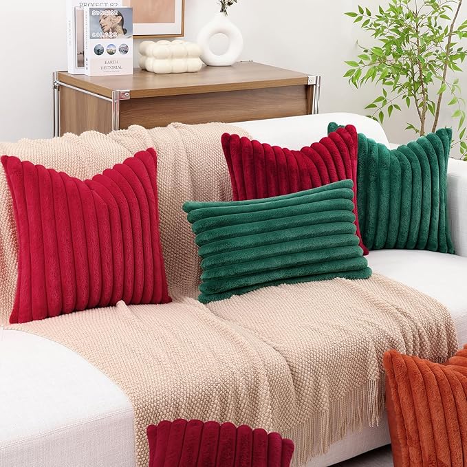 decorUhome Faux Fur Christmas Throw Pillow Covers 20x20 Set of 2, Decorative Soft Plush Striped Neutral Couch Euro Pillow Covers with Velvet Back for Sofa, Bed, Living Room Home Decor, Red