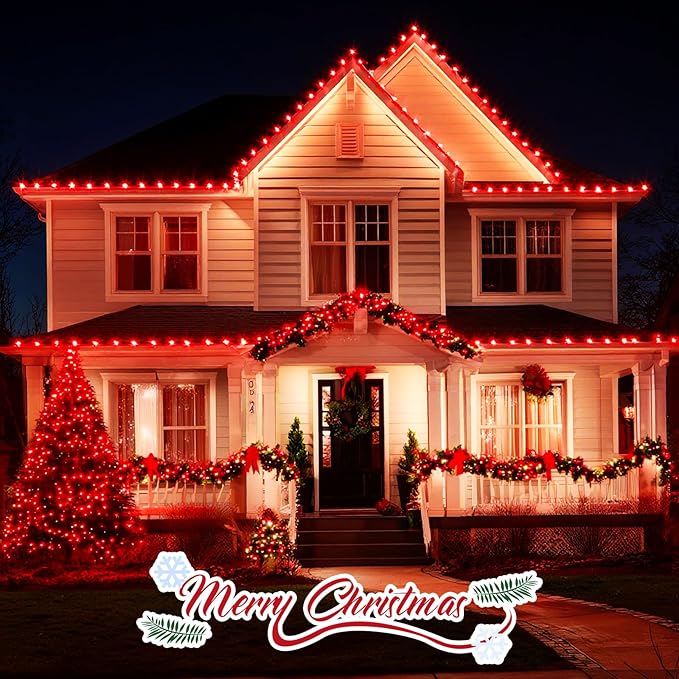 C9 Christmas String Light Red, 50ft Vintage Christmas Tree Lights, Outdoor Roofline String Lights with 50+2 Red Bulbs for Patio Garden Holiday Indoor Home Xmas Decoration, Green Wire