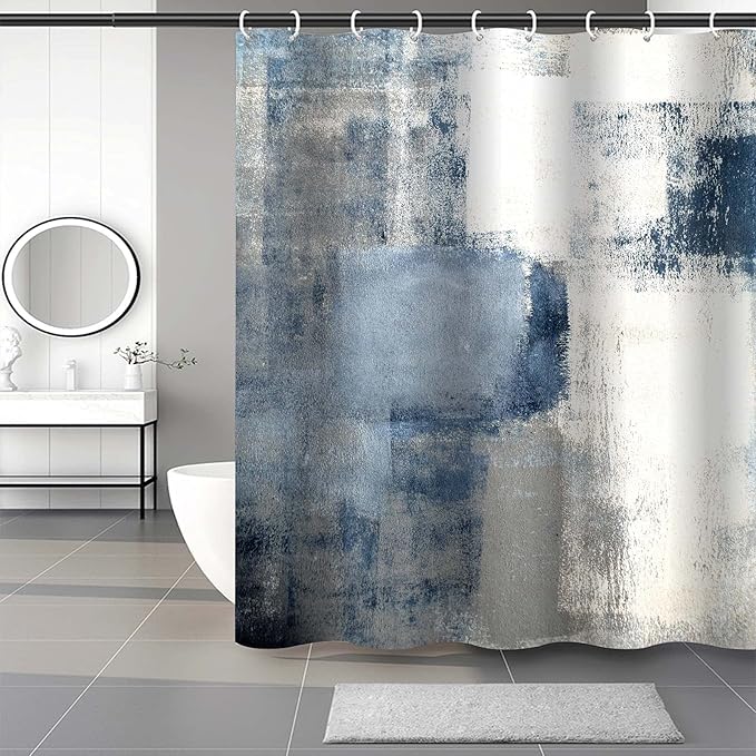 4Pcs Grey Bathroom Shower Curtain Sets with Rugs, Blue and Grey Abstract Painting Gray Retro Bathroom Sets with Shower Curtain and Rugs and Accessories