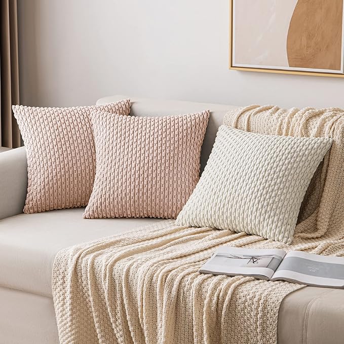 MIULEE Pack of 2 Decorative Throw Pillow Covers 18x18 Inch Soft Boho Striped Textured Corduroy Pillow Covers Modern Farmhouse Home Decor for Couch Bed Sofa Living Room Pink