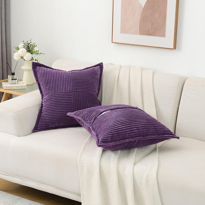 HAUSSY Purple Decorative Throw Pillow Covers 24x24 Inch Set of 2,Soft Solid Corduroy Striped Cushion Case,Square Euro Pillow Shams,Winter Home Decorations for Couch,Bed