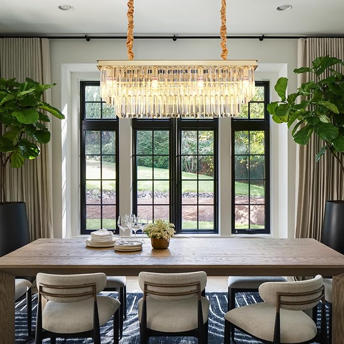 Gold Rectangular Chandelier 31.5 Inch - 8-Light Luxury Modern Crystal Pendant Height-Adjustable Lighting Fixture for Dining Room, Kitchen Island & Bar - Premium K9 Crystals(Gold, L-31.5")