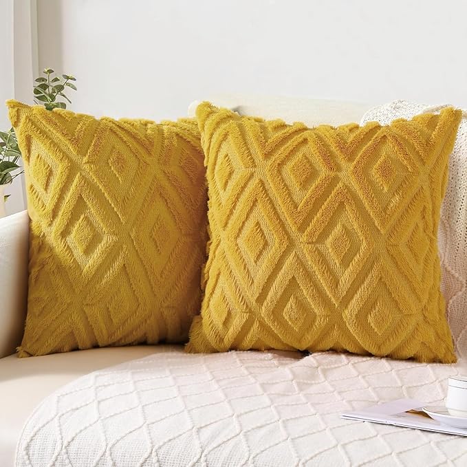 Pallene Mustard Yellow Throw Pillow Covers 26x26 Set of 2, Soft Plush Faux Fur Decorative Couch Pillow Covers for Sofa Bed Living Room Pillow Cases with 3D Diamond Pattern