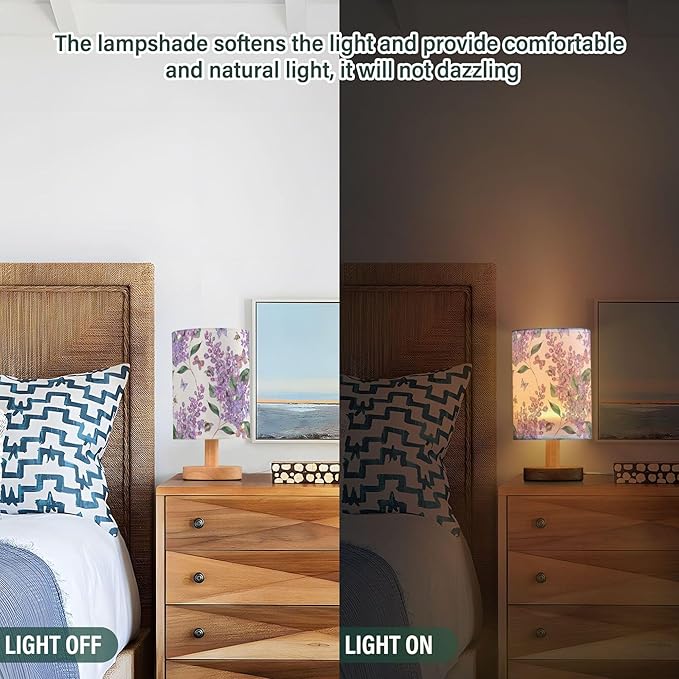 Table Lamp Purple Lilac Flower Bee Butterfly Nature Floral Nightstand Lamp with Wood Base Fabric Lamp Shade Bedside Desk Lamp for Living Room Bedroom Kids Room Office